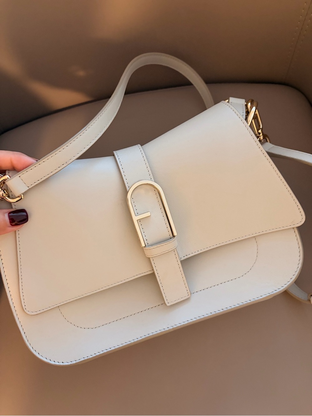 Furla Cream Leather Shoulder Bag with Gold Buckle